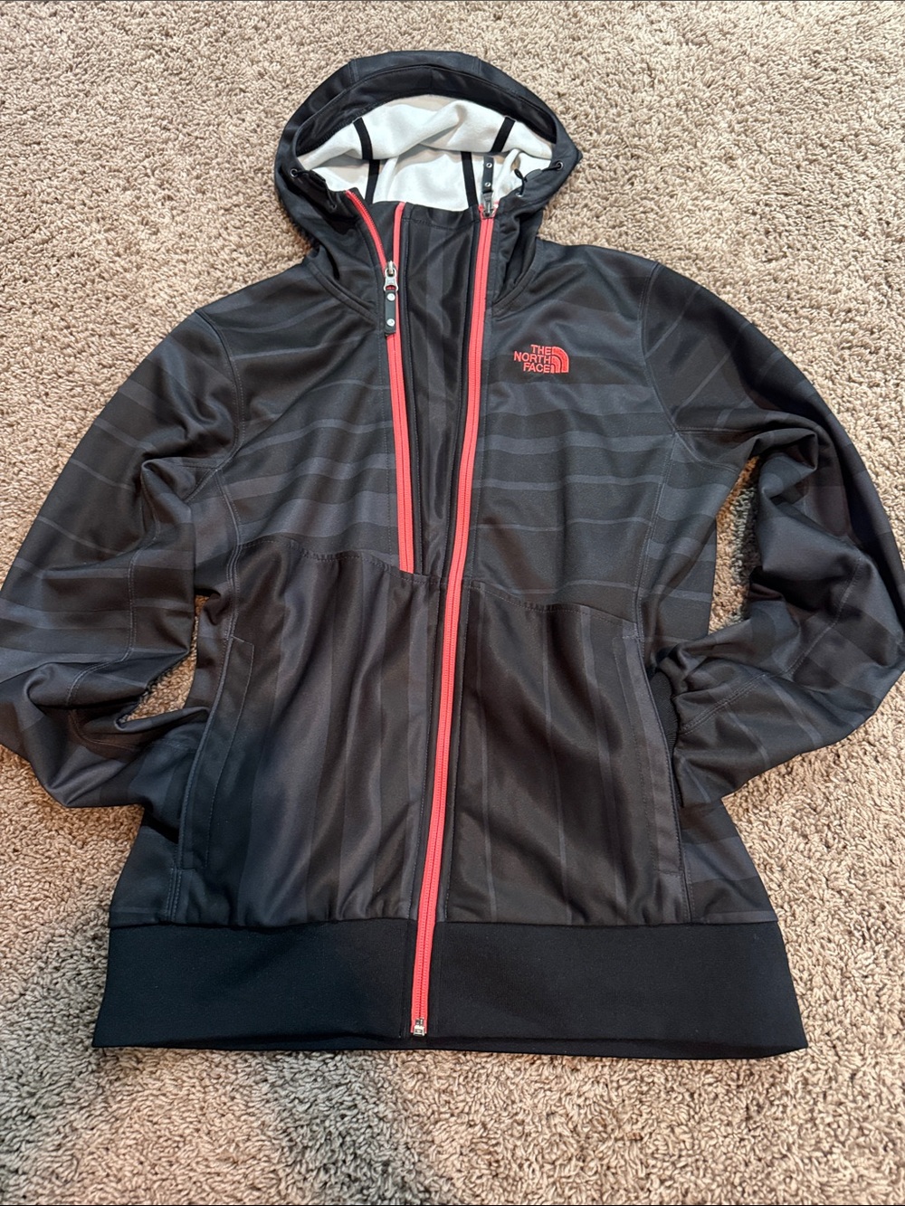 The North Face Women's Black Hooded Bomber Jacket with salmon coloured accents